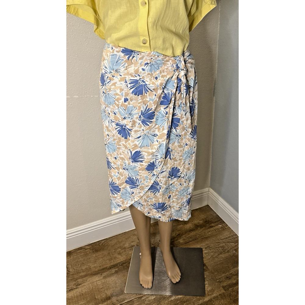 Skies Are Blue Floral Coastal Blue & Tan Side Tie Wrap Midi Skirt XL‎